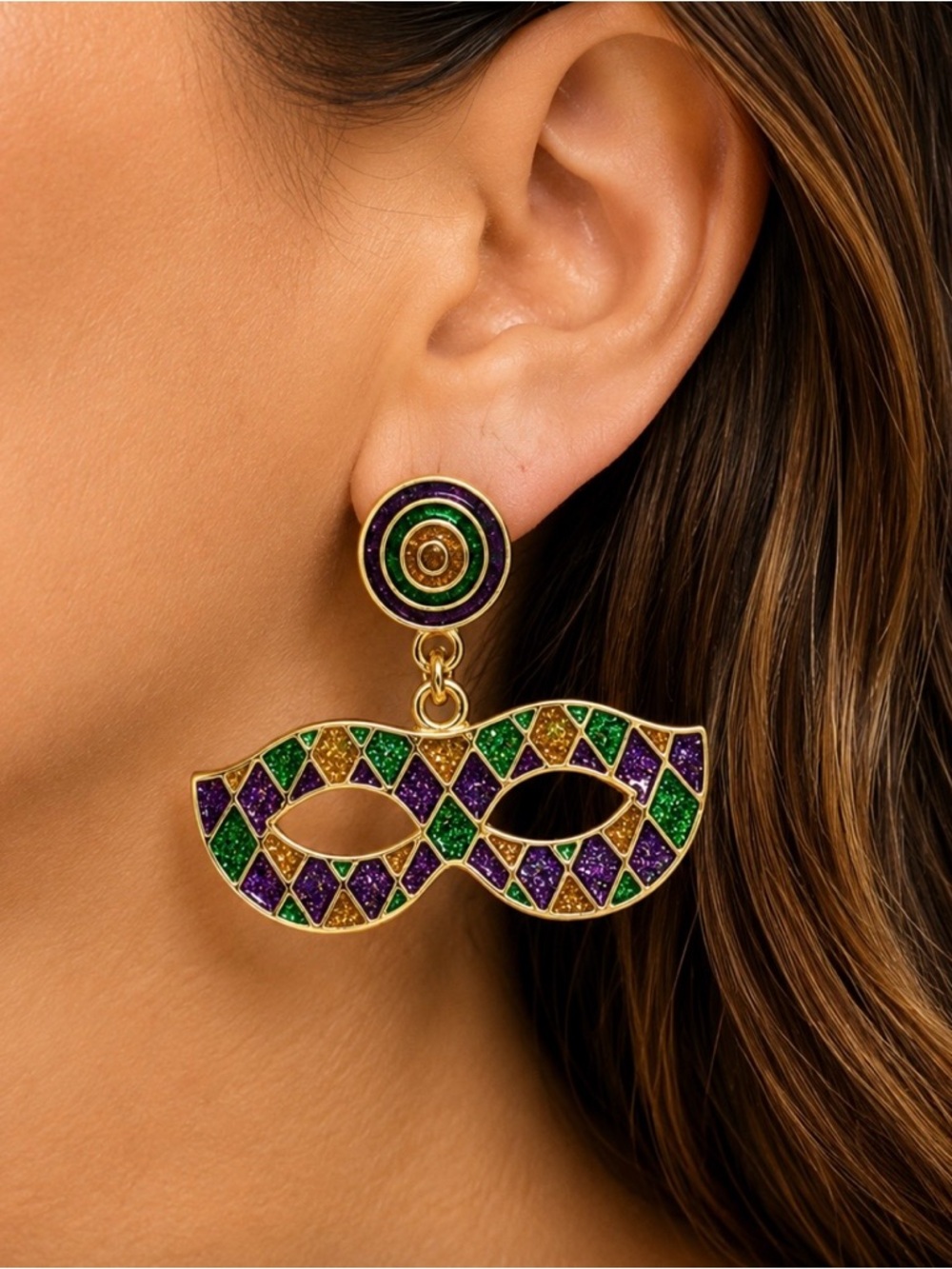 NWOT Mardi Gras Mask Dangle Earrings Purple Green Gold Festive Statement